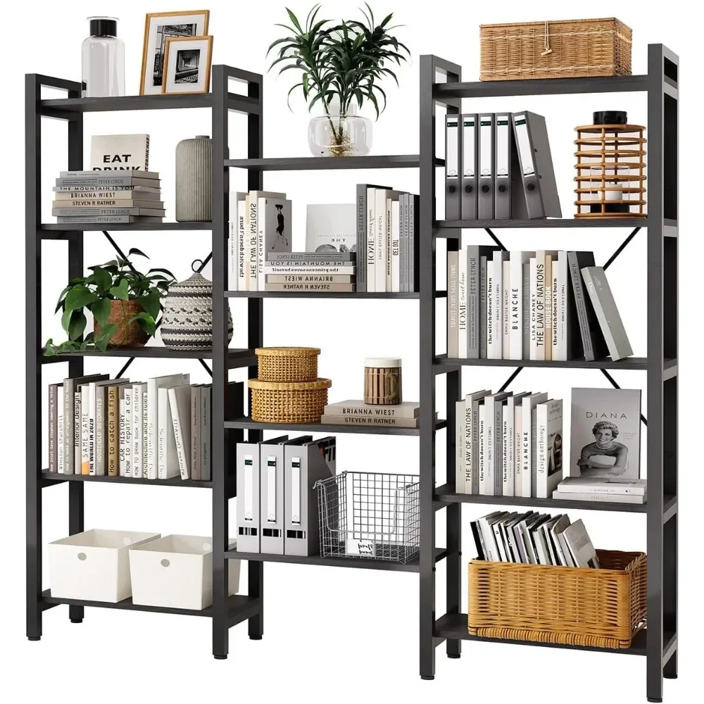 

Industrial Triple-Wide Corner Bookcase - 5/6-Shelf Vintage Wood & Metal Storage Unit for Home/Office​