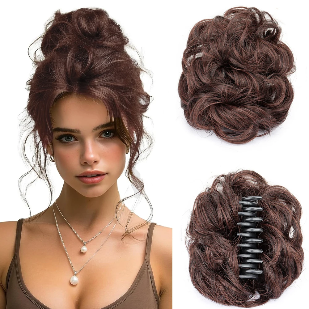 Synthetischer Messy Bun Haargummi mit Haarklammer, Haarverlängerung aus Hochtemperaturfaser, Flauschiger Chignon für Frauen – Detail 9