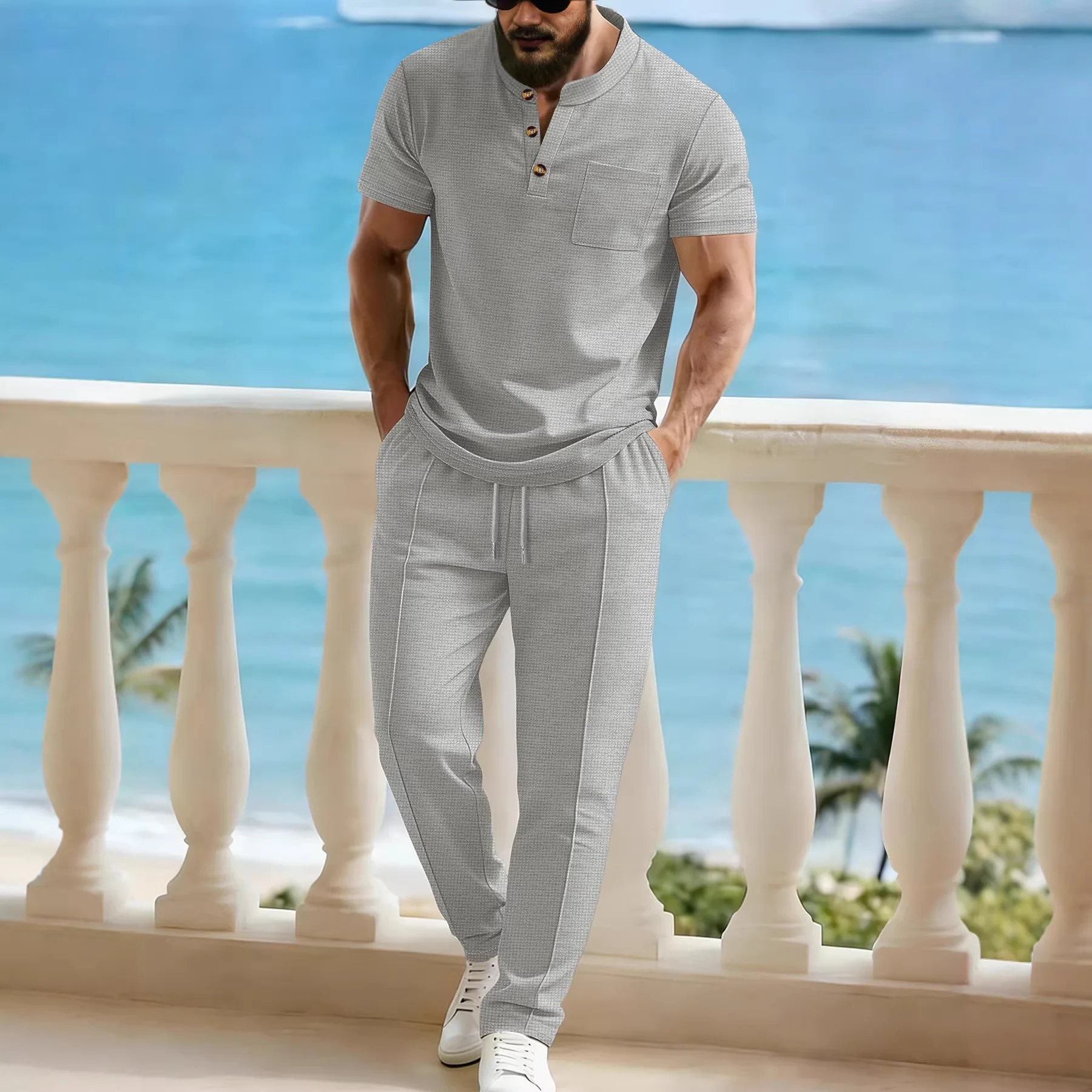 

Summer European-style men's short-sleeved T-shirt Henry shirt casual leisure drawstring pants set-F153