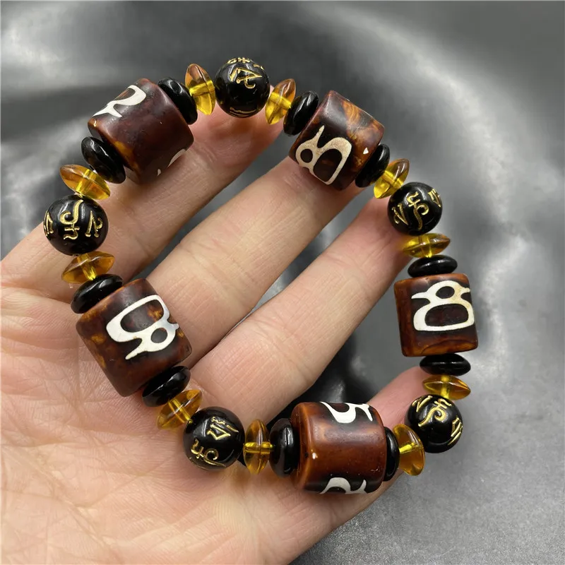 Tibetan Retro God of Wealth Dzi Abacus Old Agate Tube Beads Bracelet