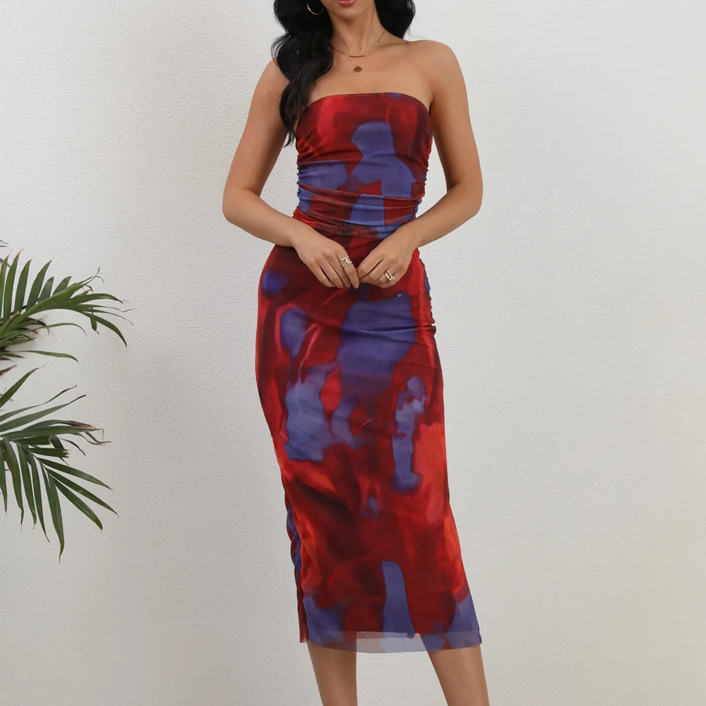 Women's 2024 Summer New Mesh Printed Double Layer Sexy Side Split Dress