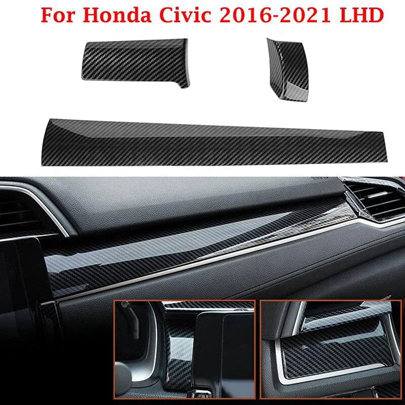 Fit For Honda Civic 2016-2021 2020 2019 2018 2017 3Pcs Set Carbon Fiber Style Car Center Dashboard Panel Trim Cover