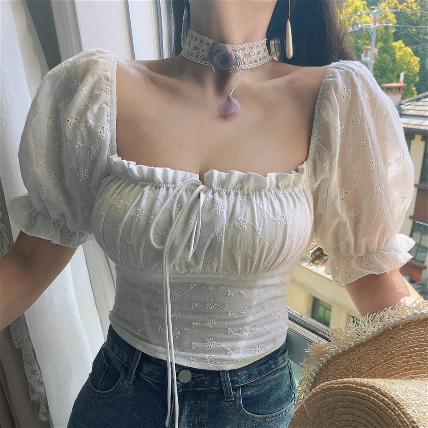 

Chenopod Original Spring Summer Square Collar Bubble Sleeve Embroidered Waist Cinched Holiday Top Women's Shirt French Style ...