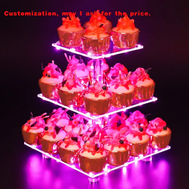 

custom.3 Tier Square Stands Display Holder Wedding and Birthday Light Cup Cake Stand Acrylic Led Cupcake Stand
