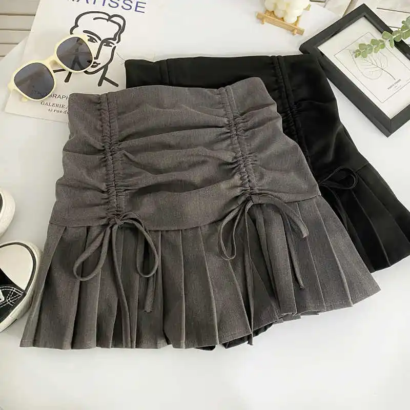 Women's Dark Grey Y2k A-line Pleated Skirt Elegant Harajuku Mini Shorts Skirts Preppy Style Vintage Skirt 2000s Clothes Summer