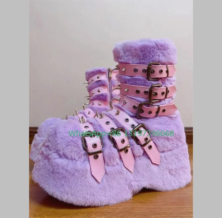 Lady rockstud design purple fur buckle strap boots pink metal design calf boots vintage platform desugn punk boots size 35-46