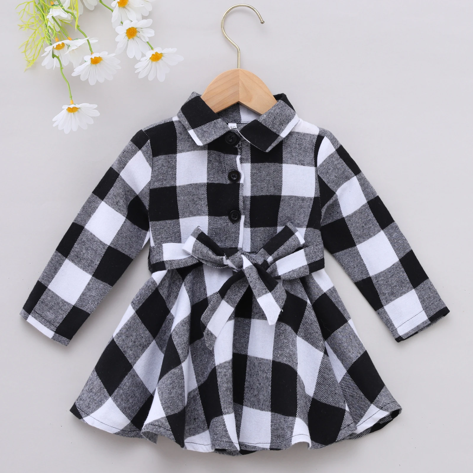 Kids Fashion Spring Autumn Plaid Playdress Flannel Buttons Toddler Baby Girls Checked Dress