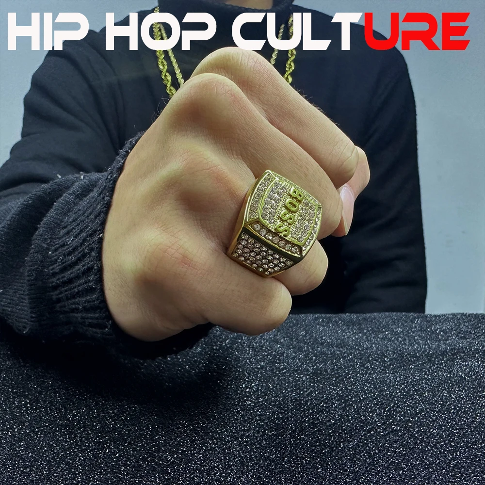 Men's exclusive 18K gold-plated ring, luxurious diamond inlay, exquisite letter pattern, suitable for hip-hop rap, street gangs