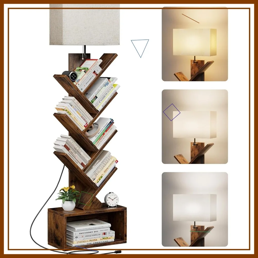 

6-уровневая книжная полка в виде дерева с подсветкой, узкая книжная вежа, шкаф для хранения вещей для гостиной, спальни, домашнего офиса в деревенском коричневом цвете