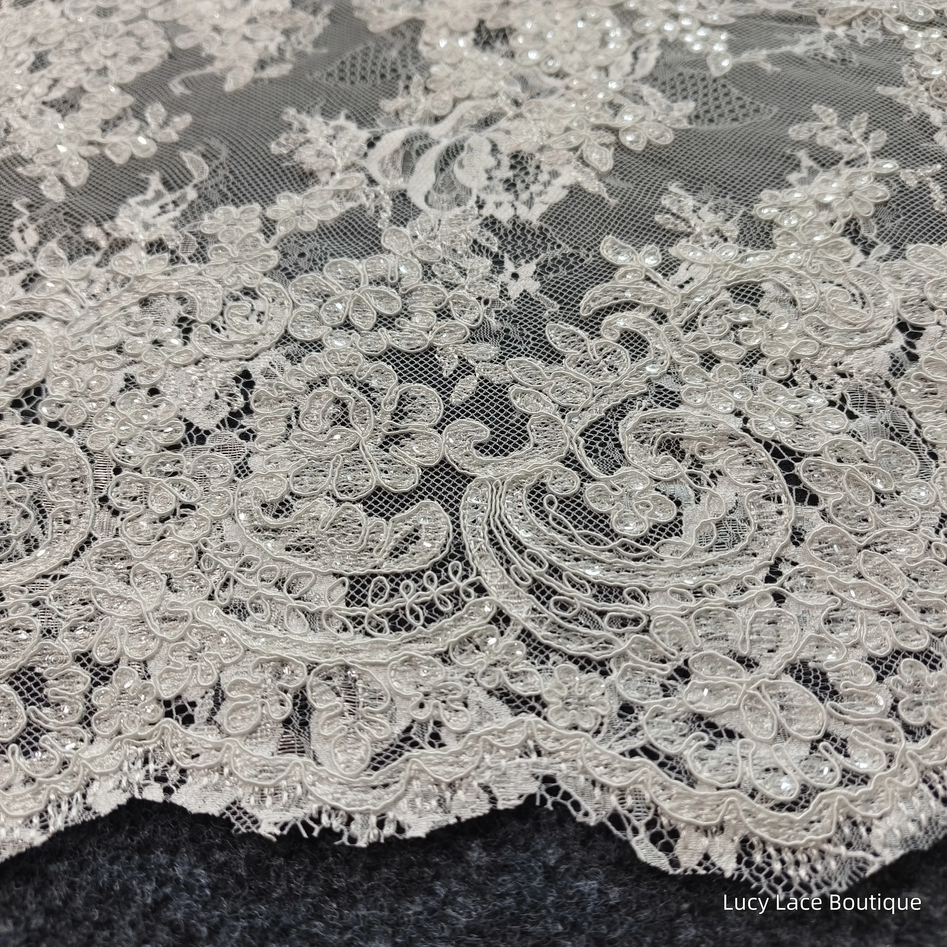 Wholesale Light Ivory Bride Embroidered Fabric Strong Cording French Lace Cord Lace Sequins 125CM Wide Super Luxury Chic Fabrics