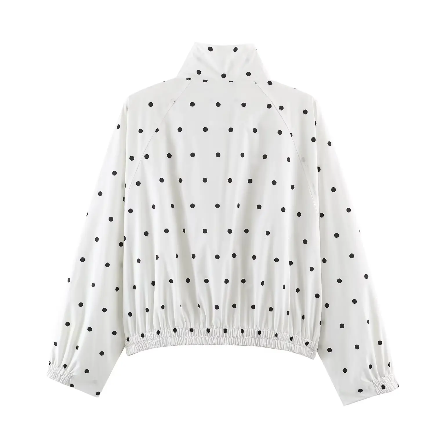 BSAY Damen Bomberjacke mit Polka-Dot-Print, kurz geschnitten, Stehkragen, elastische Ärmelbündchen, lange Ärmel, lässiges Design mit Taschen, kurze Oberbekleidung. – Detail 4