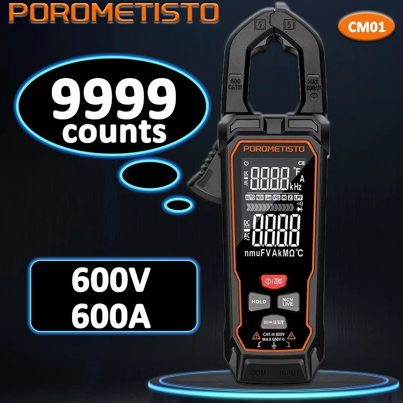 POROMETISTO CM01/CM01SE Digital Clamp Meter 9999 Counts AC DC Voltage Current Tester True RMS Temp Ohm Capacitance Multimeter