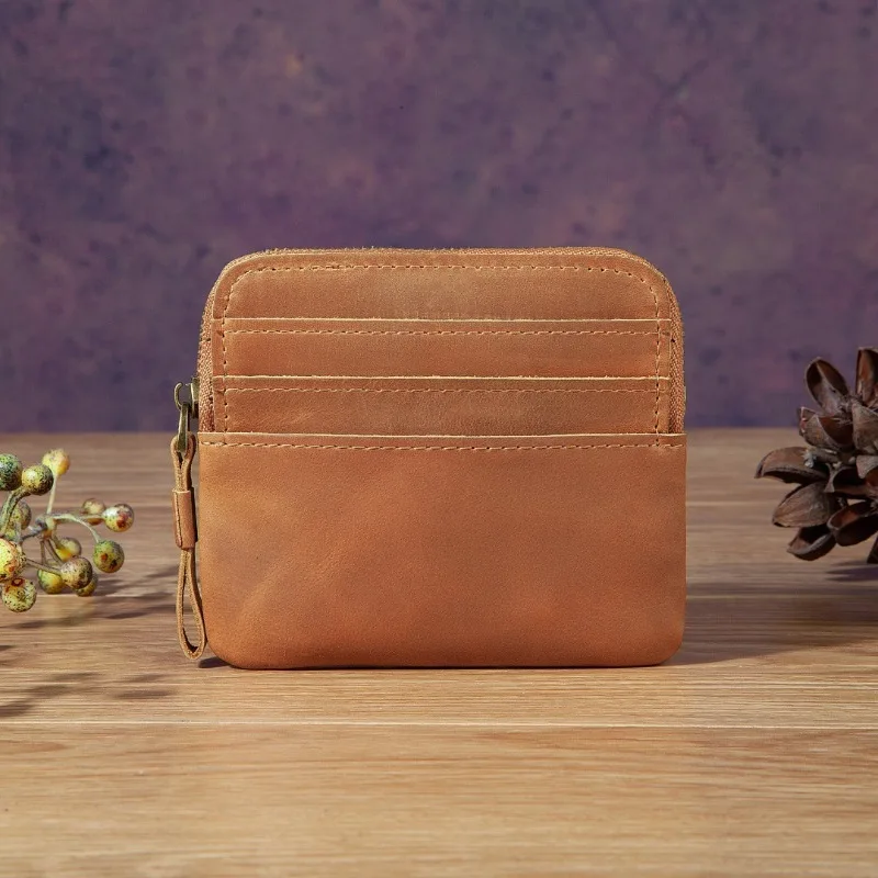 Fashion Retro Genuine Leather Card Holder, Vintage Zipper Coin Purse Wallet, Slim Credit Card Case for Men Women Wholesale