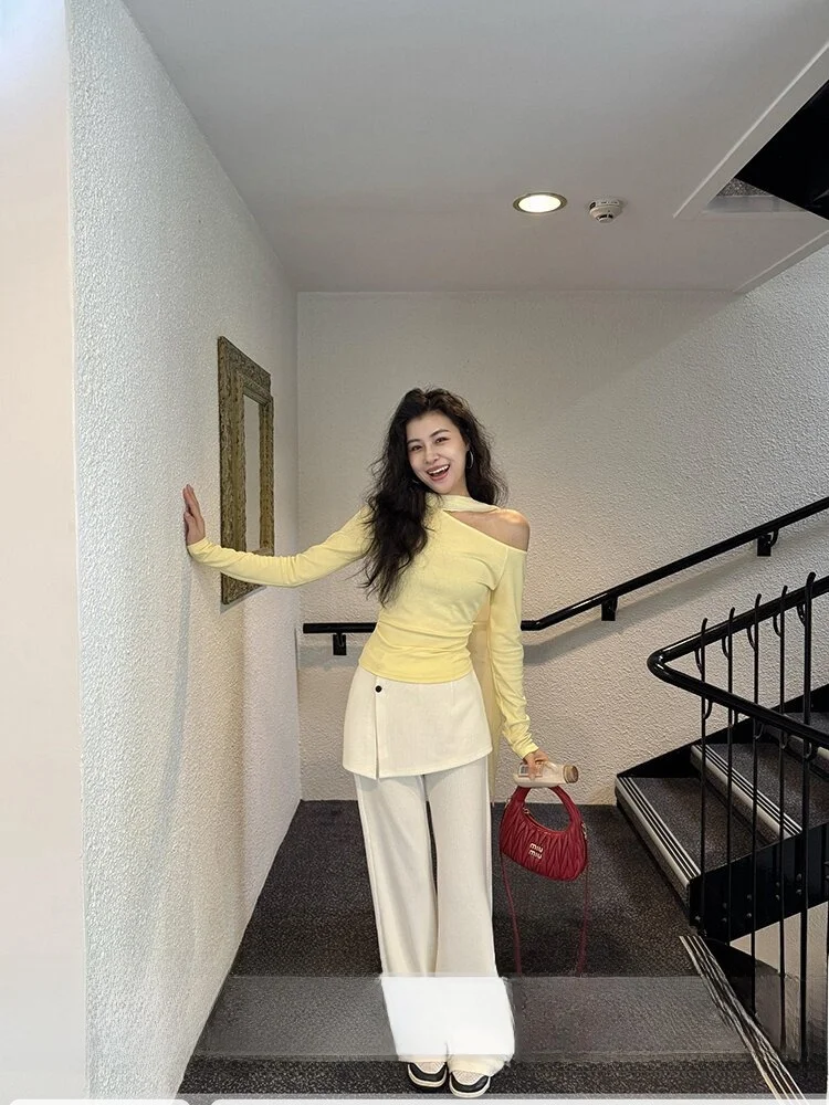 

Zhang a Xing Lazy Korean Women Diagonal oulder Sve T-irt Dual Color Straight Leg Pants High Waist Long Pants Spring Su...