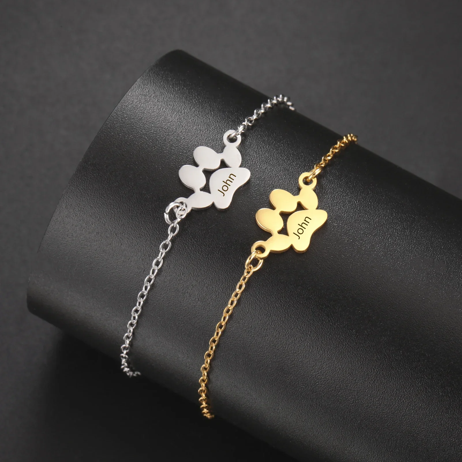 Cute Trendy Dog Cat Paw Custom Name Bracelet Women Stainless Steel Jewelry Multiple Names Personalized Pet Valentine's Day Gifts
