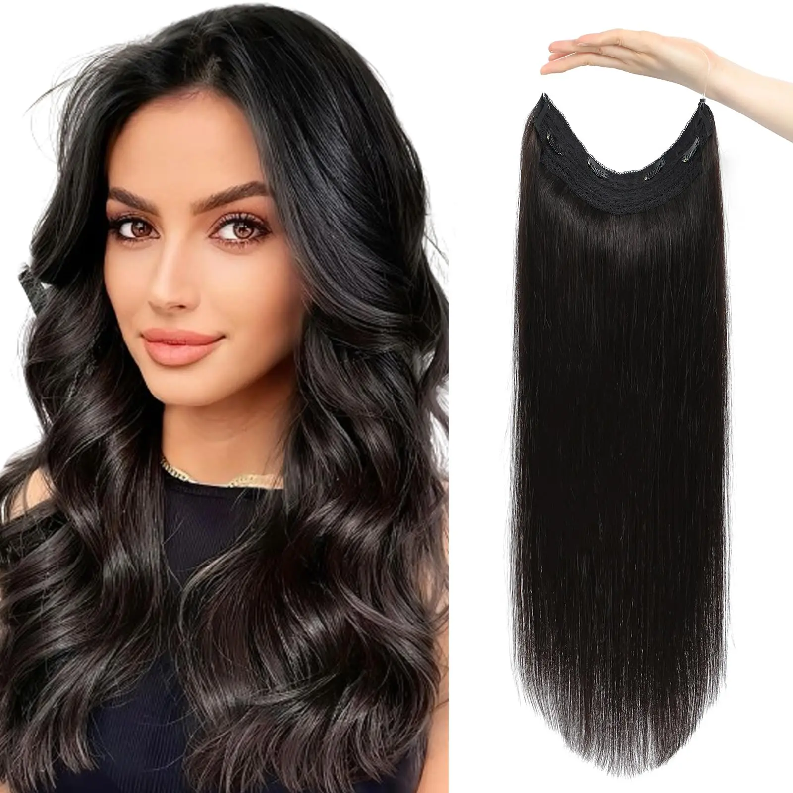 

Straight Wire Hair Extensions with Transparent Wire Hair Extensions Real Human Hair Invisible Adjustable Size Removable #1B