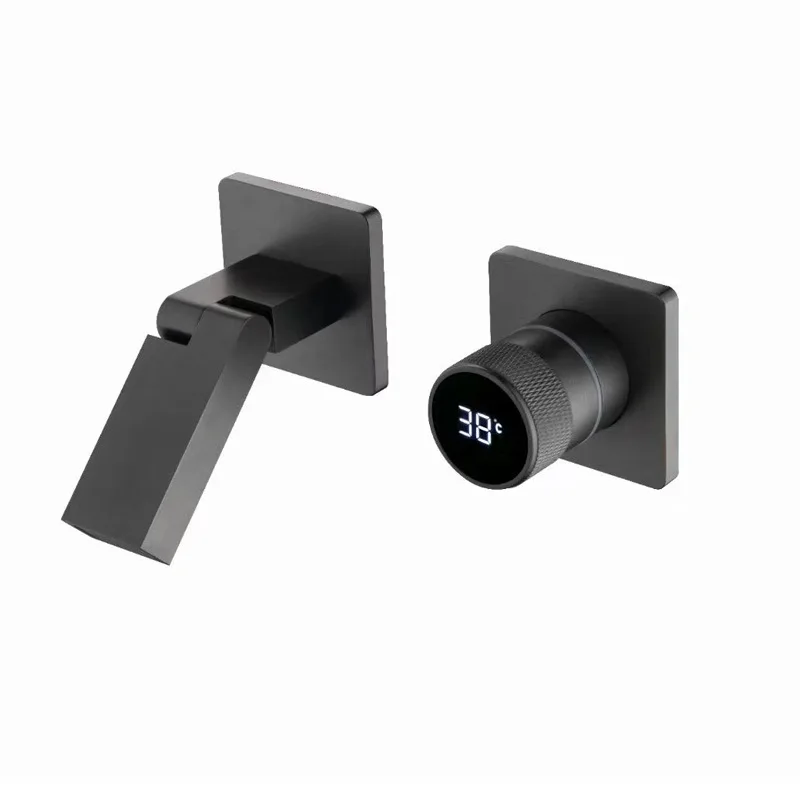 

Gun ash concealed digital display folding basin faucet All copper wall basin hot and cold faucet