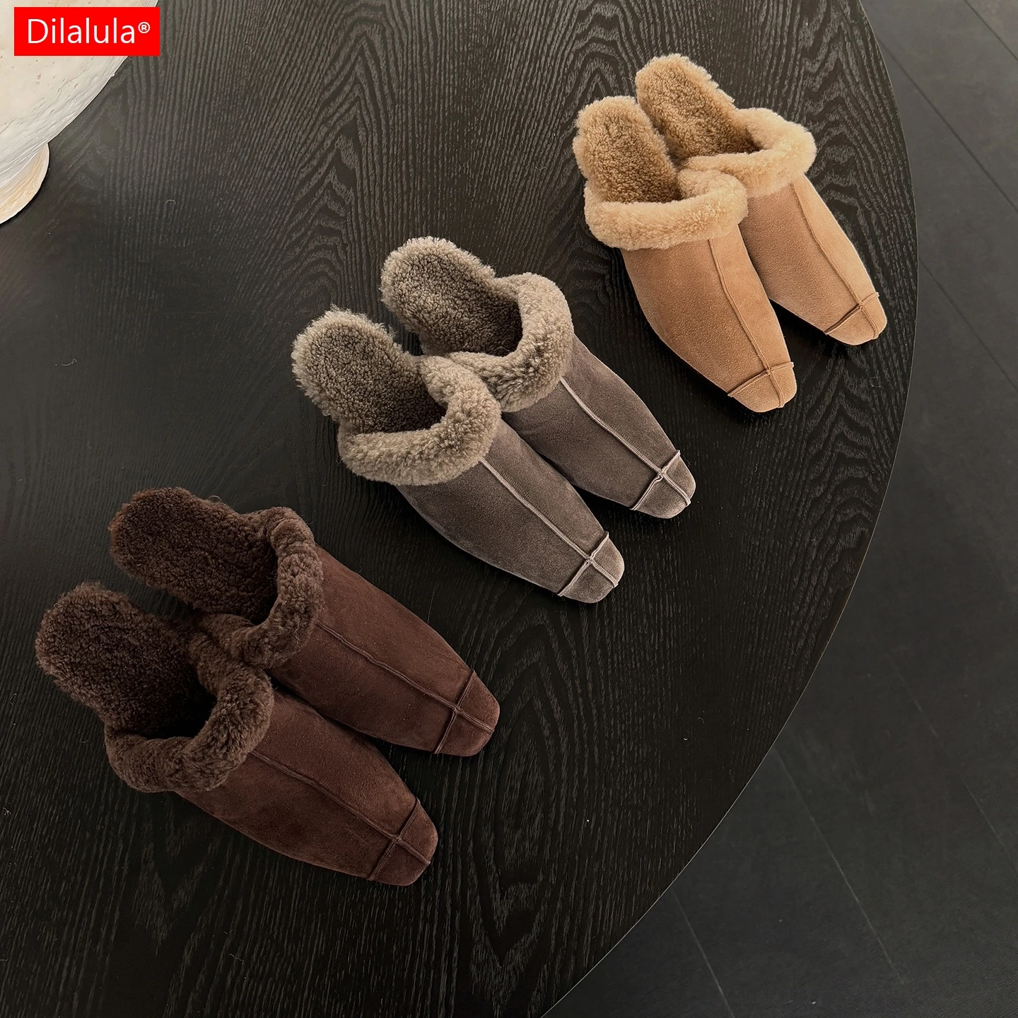 

Dilalula 2026 Fashion Winter Kid Suede women's Wool Mules Square Toe Med Thick Heels Covered Toe Warm Slippers Lady Wool Shoes