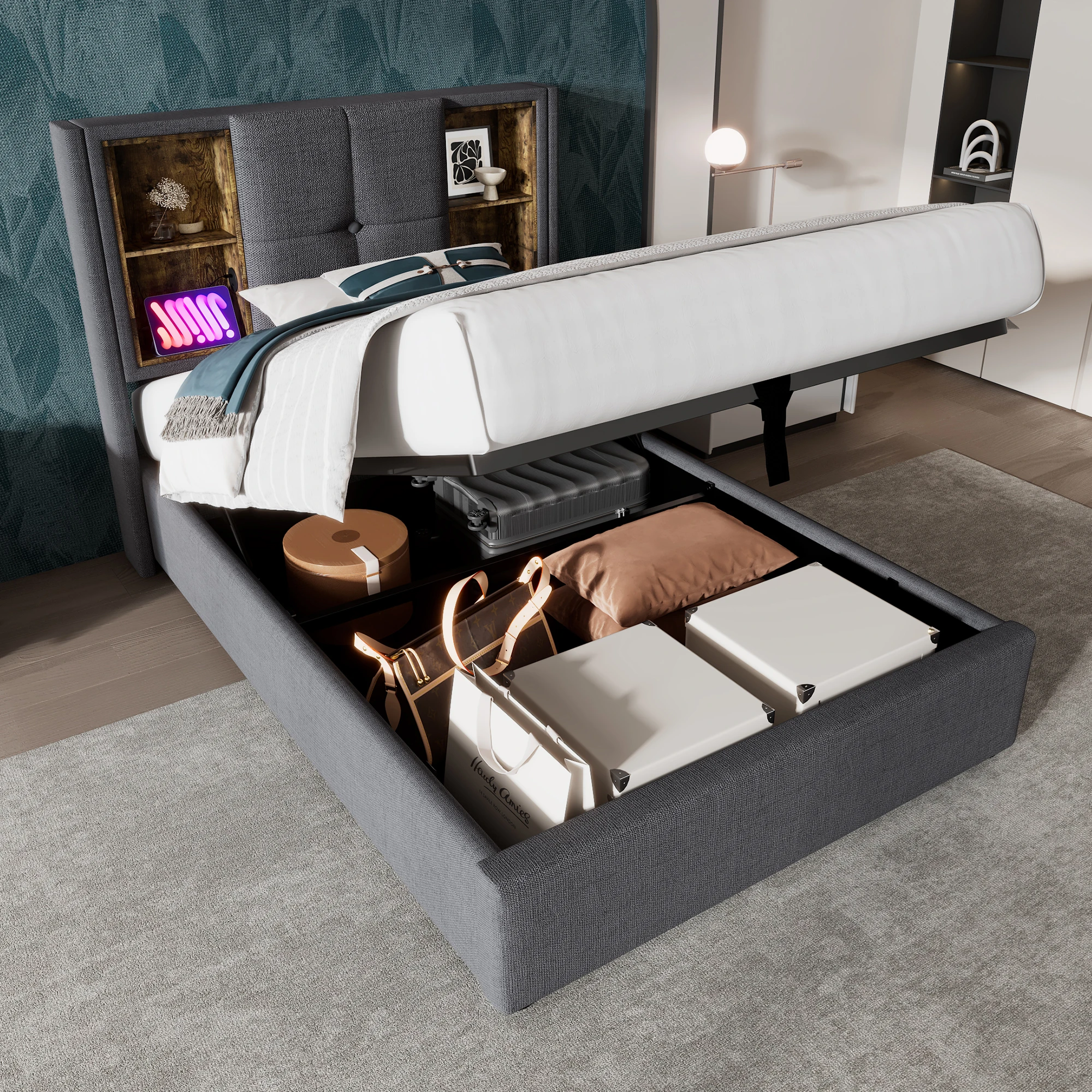 Lit coffre capitonné 90 × 200 cm avec charge sans fil et ports USB-C, sommier en bois inclus, style moderne - Gris, sans matelas