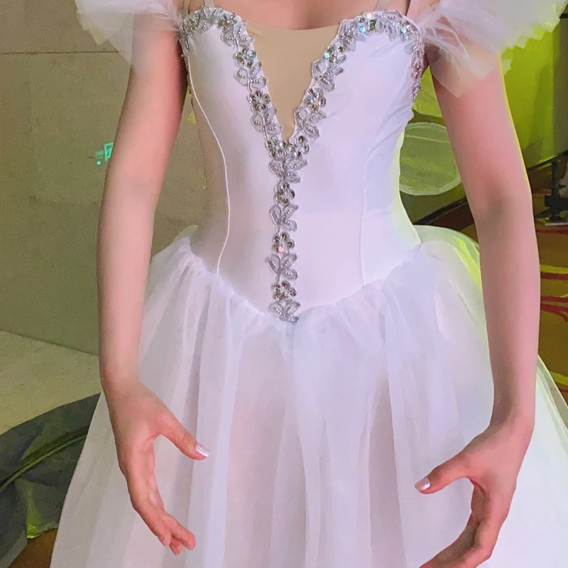 Girls Ballet Tutu Dress Gymnastics Leotard White Long Ballet Dresses Girls Princess Ballerina Dance Costume Birthday Party Dress