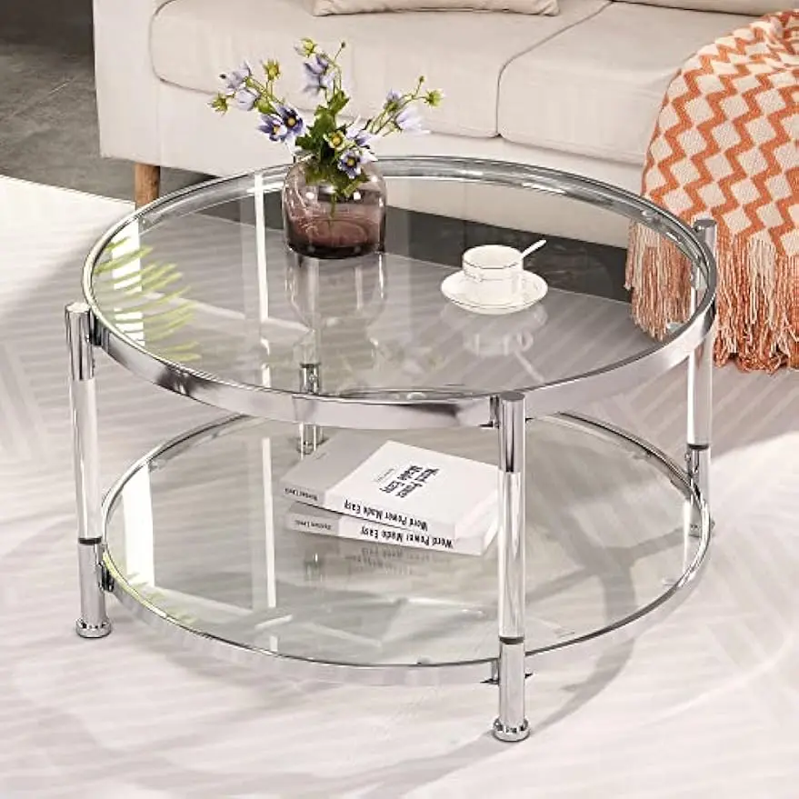 Acrylic Glass Coffee Table - Round Coffee Tables with Metal Frame - Modern Tea Table for Living Room Chrome Easy Assembly