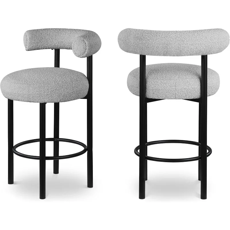 Contemporary Boucle Fabric Stool, Rich Grey Boucle Fabric, Matte Black Finish, Iron Metal Frame Bar Chairs