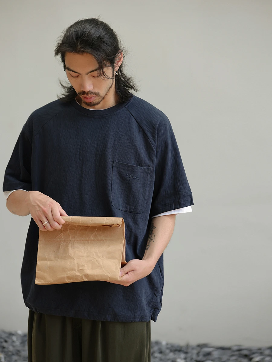 

Мужская летняя футболка Noears в японском стиле, свободного кроя, с круглым вырезом, из бамбукового хлопка, с коротким рукавом и вышивкой на плечах