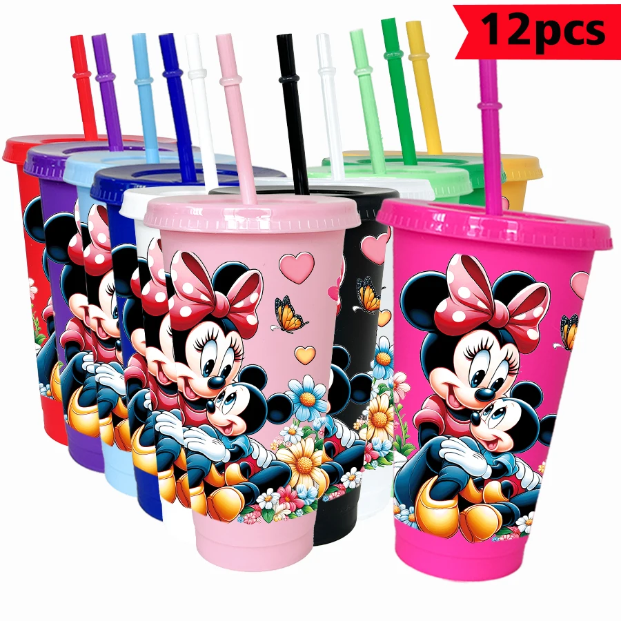 12 unids/pack Disney Minnie, flor 26oz vaso de plástico colorido fiesta de cumpleaños utensilios para beber jugo taza de café