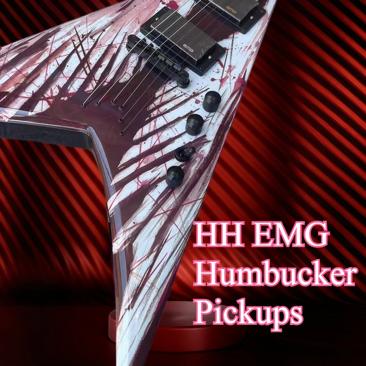 Blood‑Splatter V‑Shaped Electric Guitar, HH EMG Humbucker Pickups, Black Hardware, Heavy‑Metal Rock Guitar Crescent Fret Inlay,