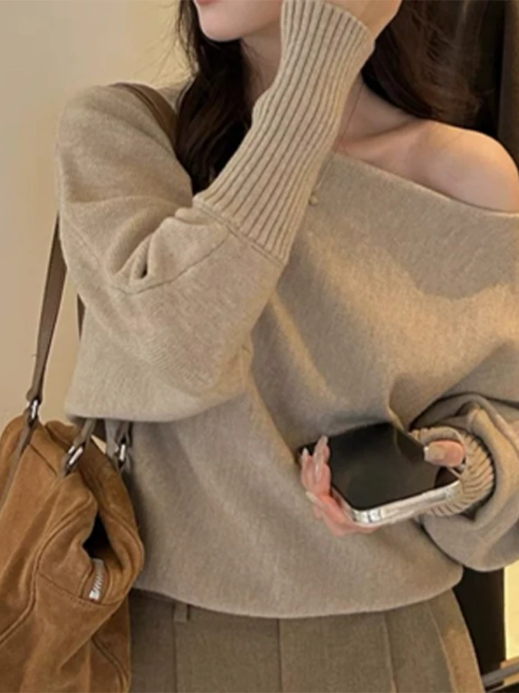 موضة الصلبة قبالة الكتف بلوفر مغزول المرأة عادية قارب الرقبة طويلة الأكمام فضفاضة البلوفرات سيدة الخريف تخفيف الشارع ارتداء