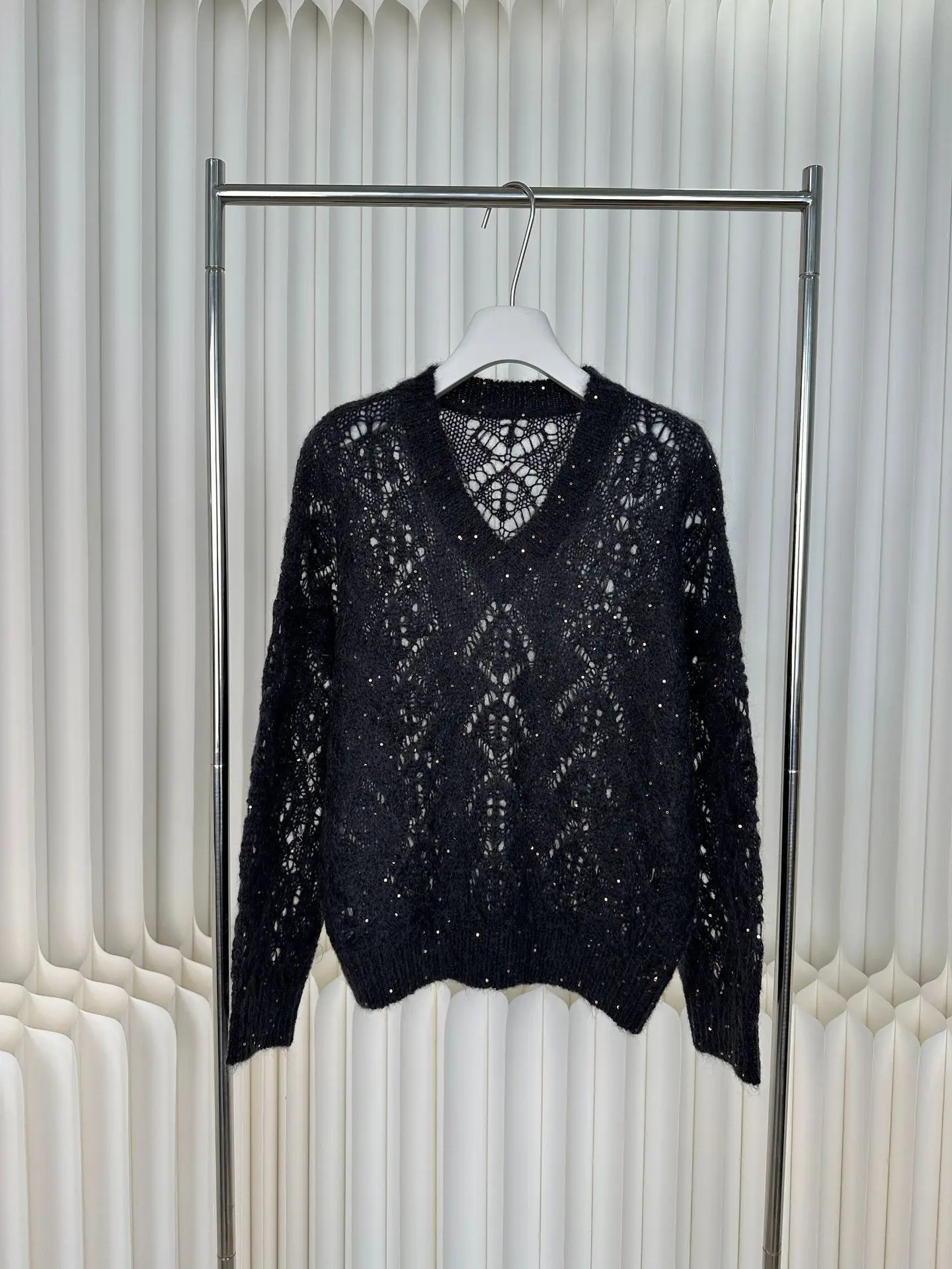 

2025 Autumn And Winter Women'S New Mohair Sequined Crochet Hollow V-Neck Sweater Fluffy Lightweight Pullover Casual Sweater