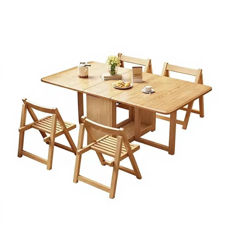 Modern Wooden Rectangular Dining Table Set Foldable Telescopic Chairs (4) Eco-Friendly Durable for Hotel Home Apartment