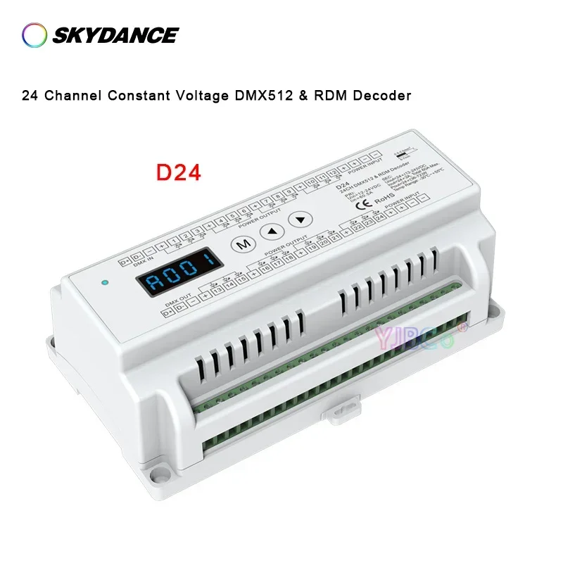 

12V-24VDC D24 DIN Rail 24 Channel DMX512 Decoder 24CH RDM RGB/RGBW Strip tape DMX Controller Green Terminal Connector LED Screen