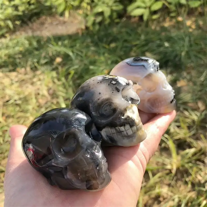 6.5CM Natural Volcanic Agate Skull Carving Handicraft Ornaments Gift Energy Gemstone Home Decoration Gift 1pcs