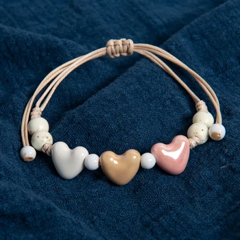 Handmade Multicolor Ceramic Triple Heart Bracelet Adjustable Wax Cord Minimalist Boho…