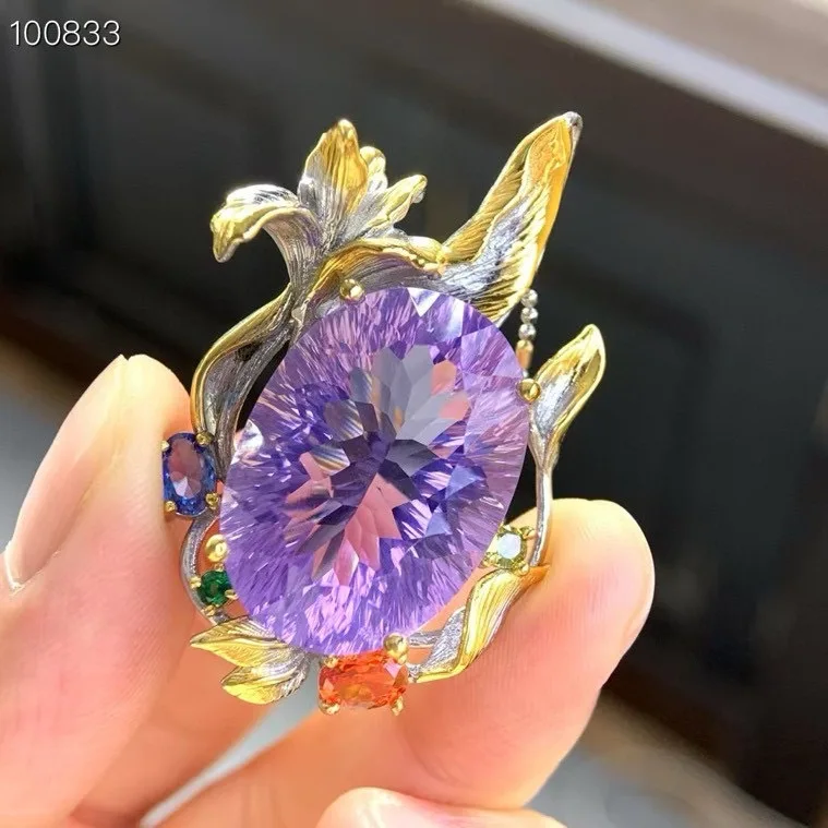 Natural Purple Quartz Pendant 18x25mm 925 Silver Two-tone Plated Spring Floral Handcrafted Statement Pendant (without Chain)