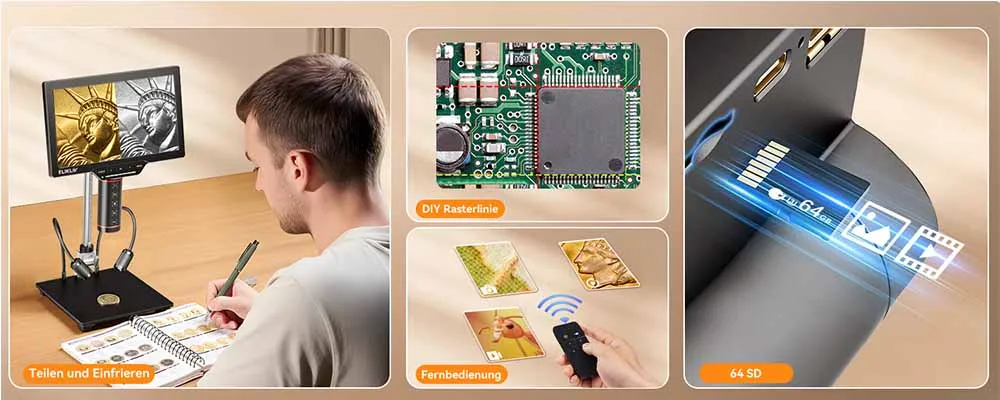 Elikliv EM3K-AF 7'' 2000X Autofokus Digitalmikroskop 3K HDMI Löt-Mikroskop für Elektronik-Reparatur mit 10-Zoll-Ständer 64GB – Detail 12
