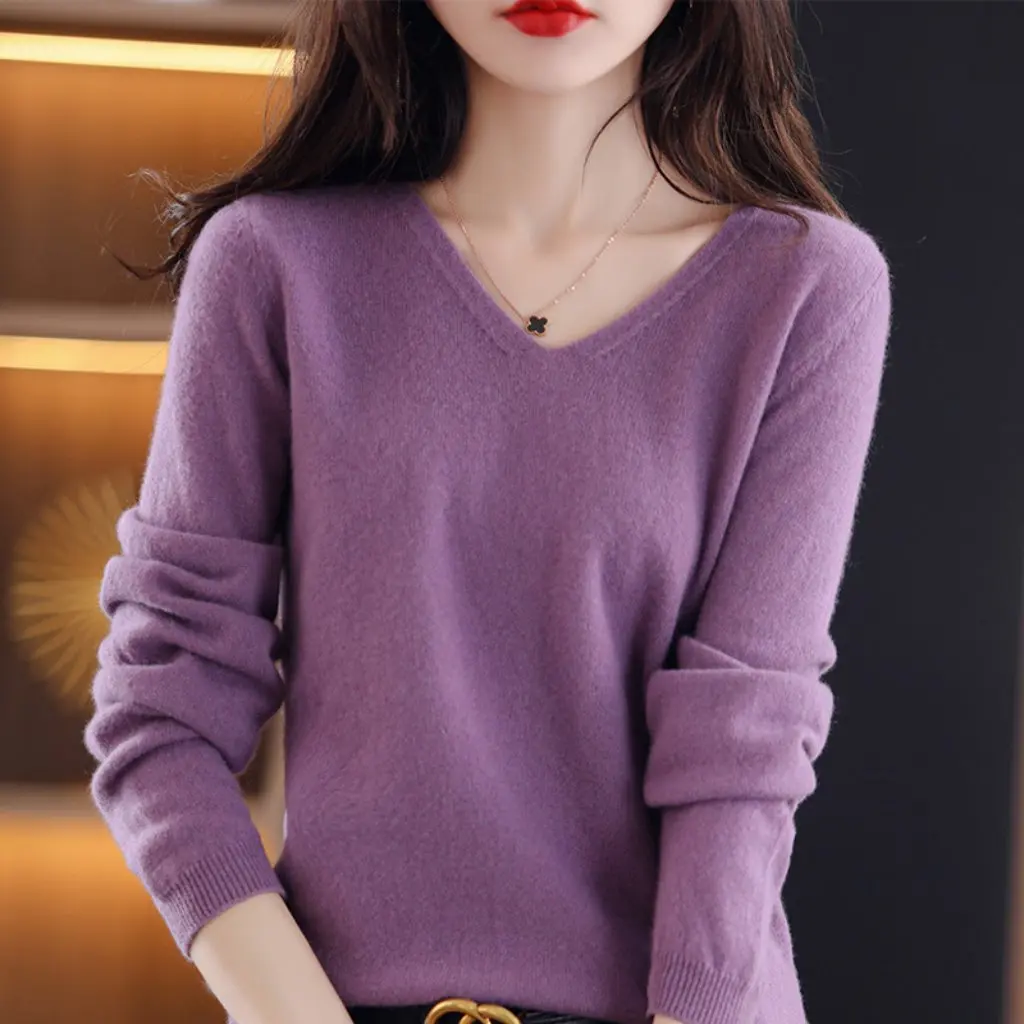 Damen-Pullover mit V-Ausschnitt, Frühlingsschwarz, lockere lange Ärmel, niedriger Kragen, gestricktes Oberteil, Hemd mit Boden