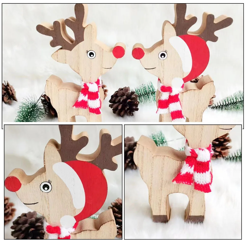 

2Pcs Christmas Deer Table Decor Wooden Xmas Ornaments for Home Office Shelf Bookcase Kitchen Desktop Centerpiece Party