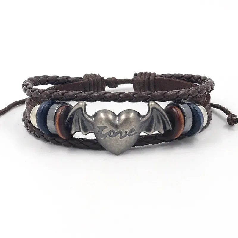 Bat Love Heart Couple Bracelet Multilayer Handmade Wove Leather Bracelet Vintage Men Fashion Hand Chian Jewelry Accessory Gift