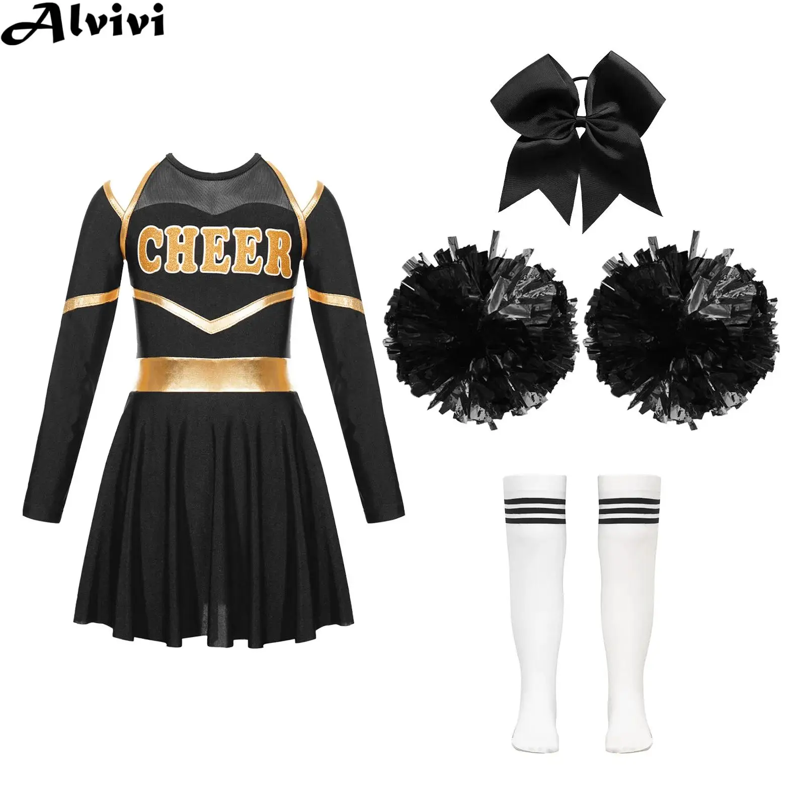 Kids Girls Cheerleading Dance Performance Costume Sports Meeting Uniform Long Sleeve Leotard Dress with Headwear Flowers Socks