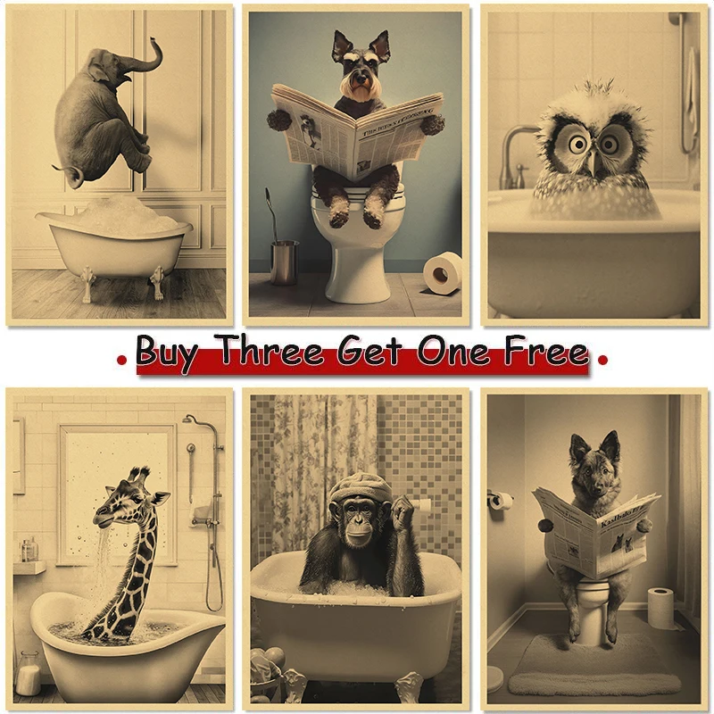 Animal Bathroom Toilet Funny Poster Kraft Paper Cat Dog elephant Art Home Decor Picture DIY Toilet Room Painting Wall Sticker