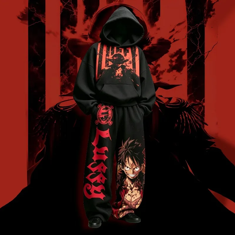 One Piece Anime Printed Clothing, Handsome Luffy Suit, Trendy Hoodies and Pants, Comfortable Autumn and Winter Clothing