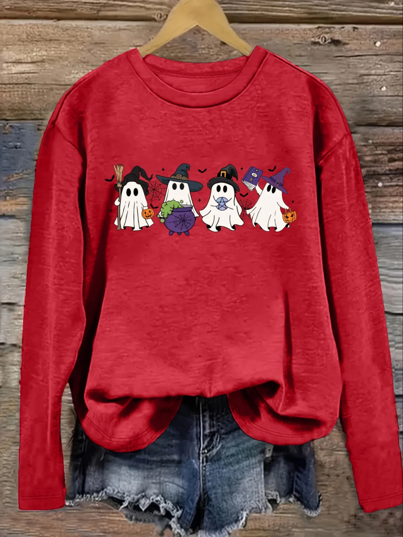 Women's Casual Long Sleeve Crew Neck T-Shirt Cute Halloween Ghosts Witch Print Design, Round Neck Women's Clothing, Machine Washable, Slightly Elastic, Loose Fit, Spring Autumn Winter Women's T-Shirt, Halloween Costume Outfit view 4