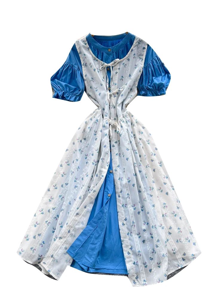 

Rustic Lace Embroidered Floral Print Dr 2025 Summer Blue Bubble Sve Dr College Sle Two Piece Set Women's Faion