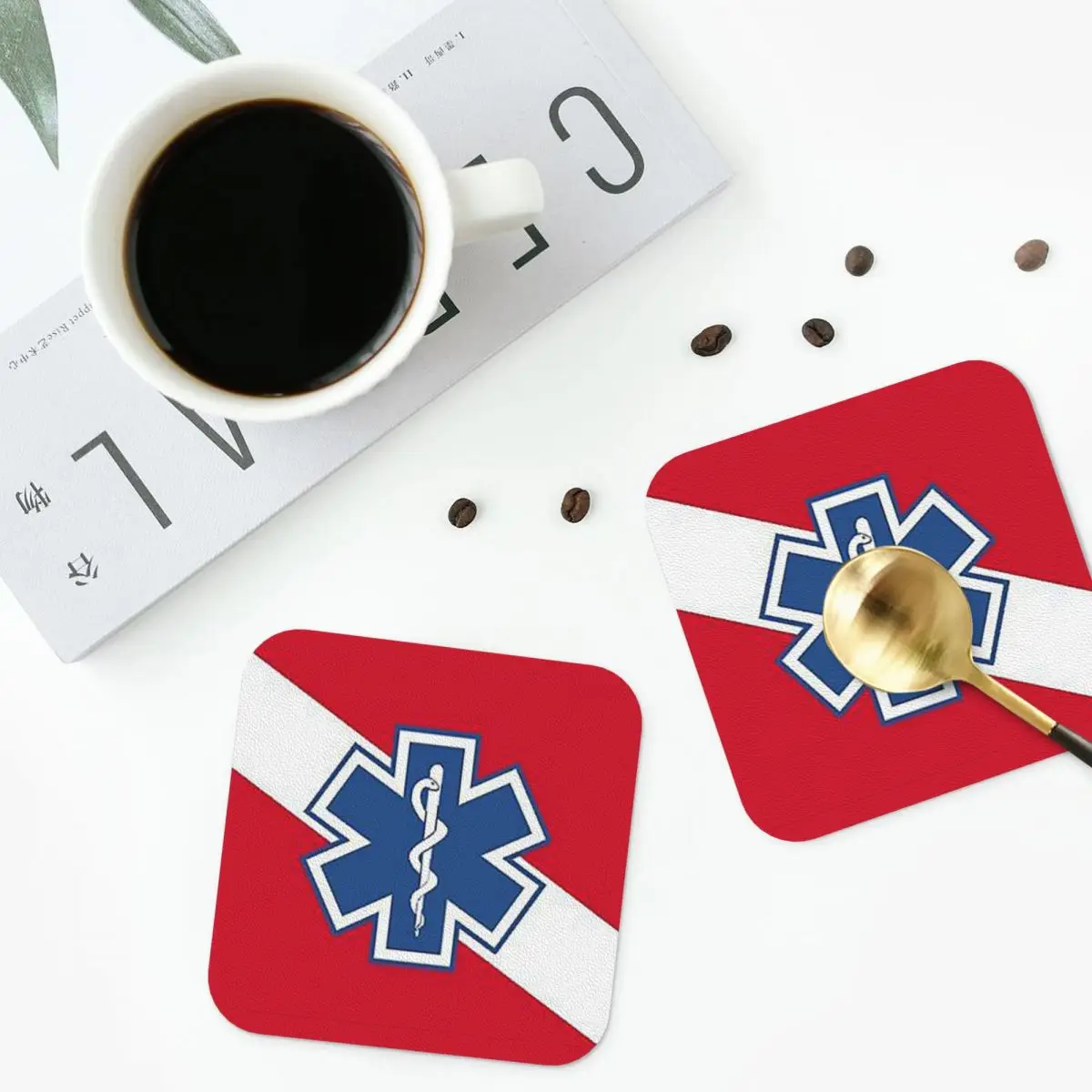 Emt Star Of Life Emergency Medical Coasters PVC Leather Placemats Waterproof Coffee Mats for Home Kitchen Dining Pads Set of 6