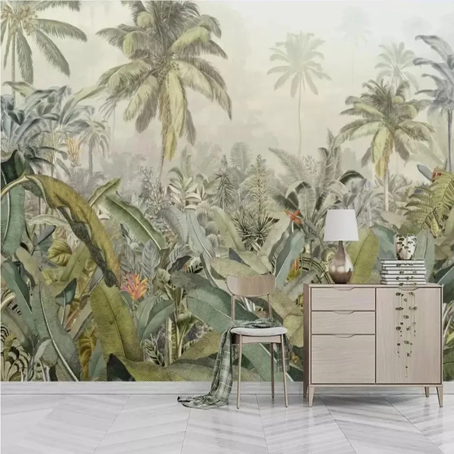 Southeast Asian tropical rainforest banana leaf wallpaper sofa TV background wallpaper mural restaurant living room wallpaper