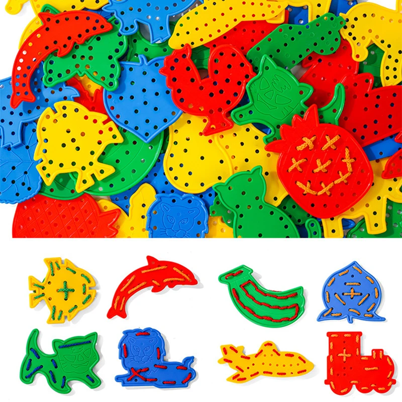 4pcs Montessori Preschool Lacing Boards Cute Animal Construction Puzzle Educational Toy Shape Color Sorter Pegboard Learning Toy