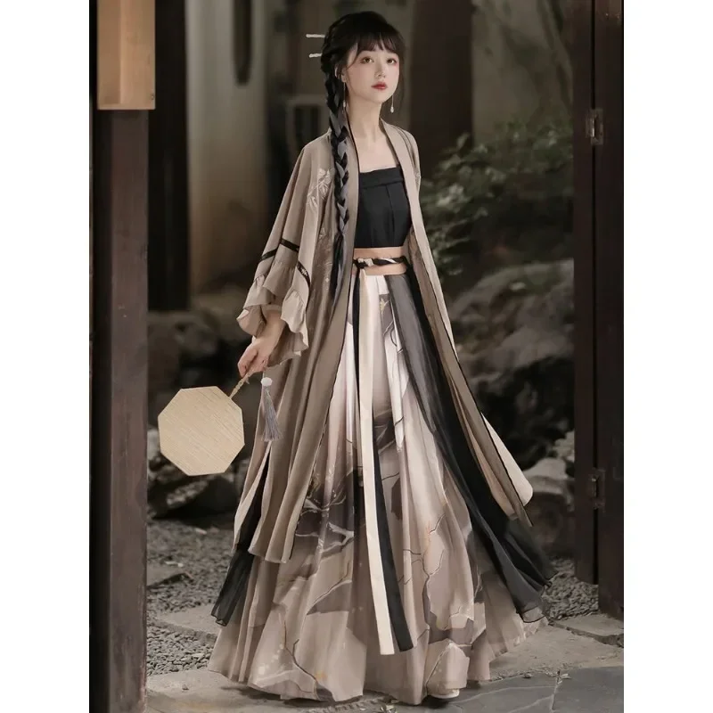 Autumn Original Song Dynasty Khaki Lotus Leaf Printed Hanfu Dresses 3pcs Women Ancient Princess Cosplay Costumes Halloween XL