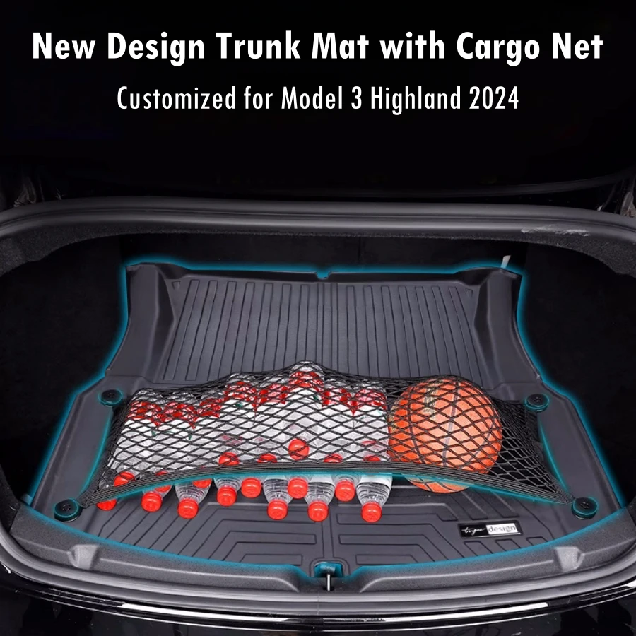 Upgrade Trunk Liner Mat with Cargo Net For Tesla Model 3 Highland 2024 Frunk Mat Set Non-Slide Weatherproof Protection Accessory